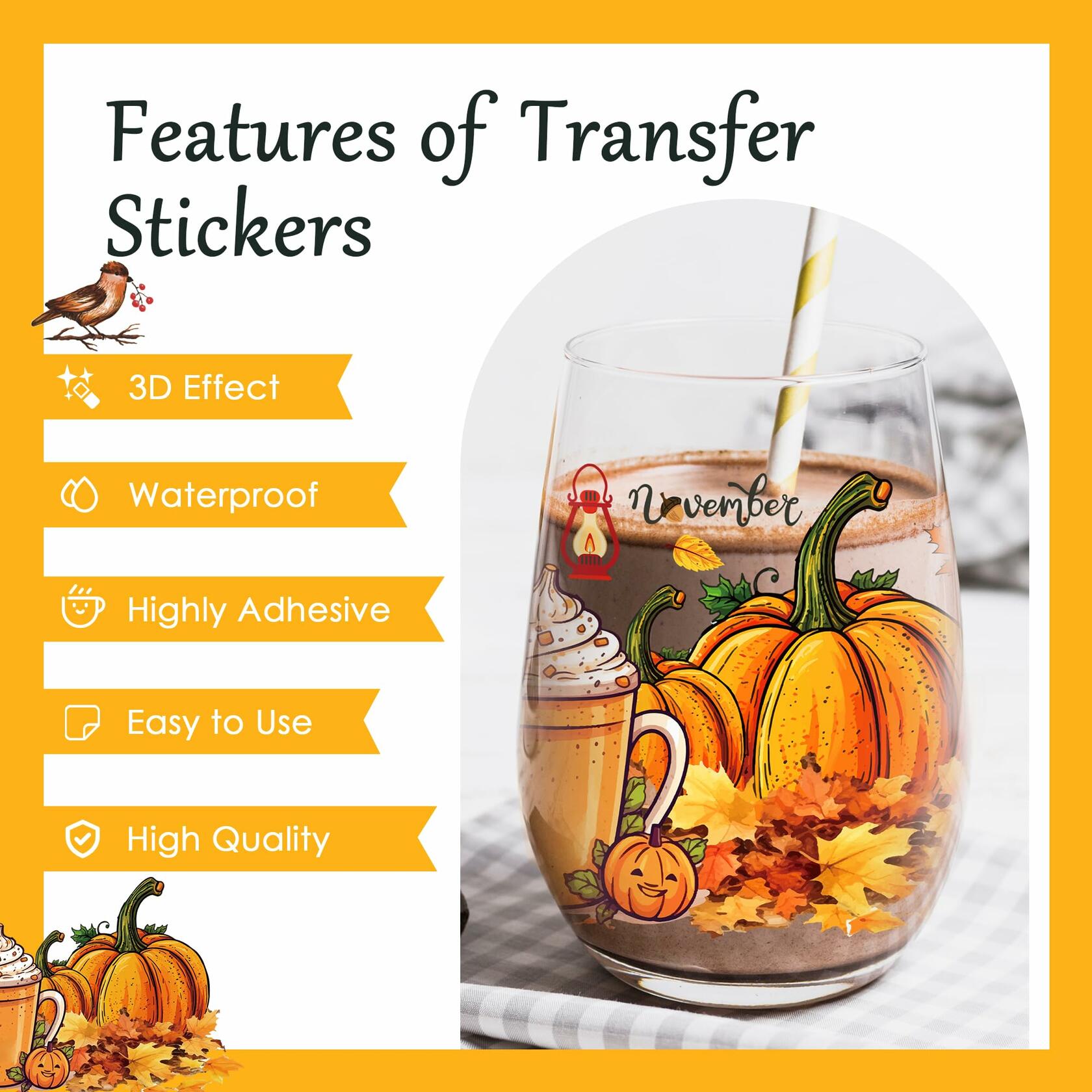 AFRITEE Transfer Stickers 8 Sheets Orange Thanksgiving Autumn Pumpkin Decor