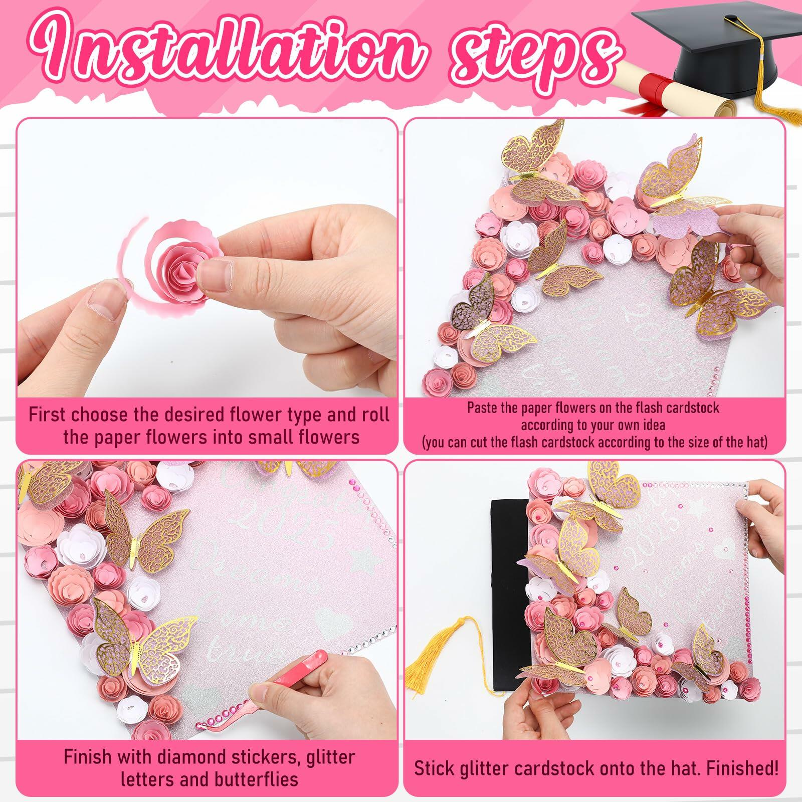 Knitgrip Graduation Cap Decoration Kit 98 Pc Pink Faux Flowers Butterfly