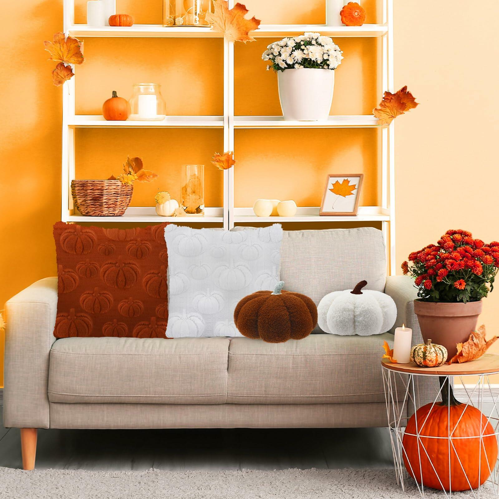 Beeveer 4 Pcs Pumpkin Throw Pillows 18x18in Brown White Sofa Cushion Covers