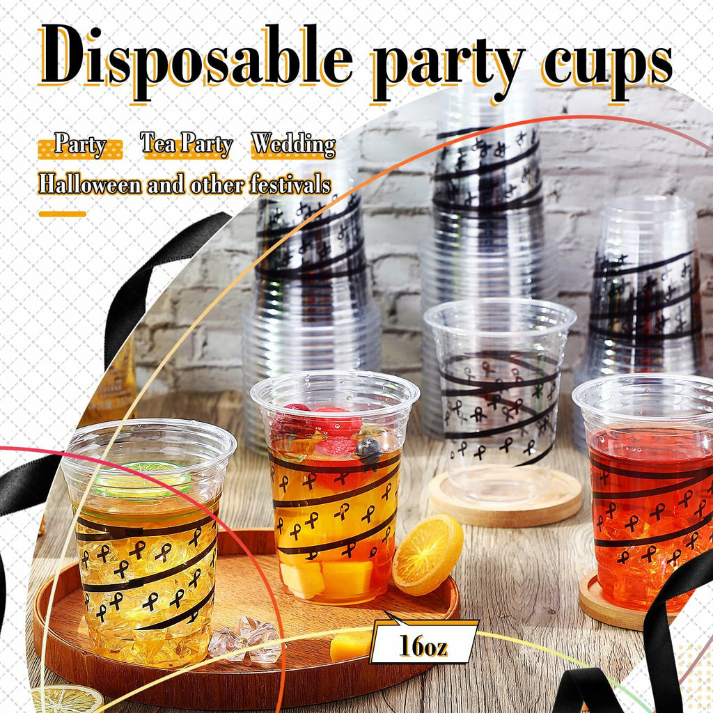 Skyley 100 Pcs 16 oz Black Rimmed Swirl Plastic Cups Disposable Party