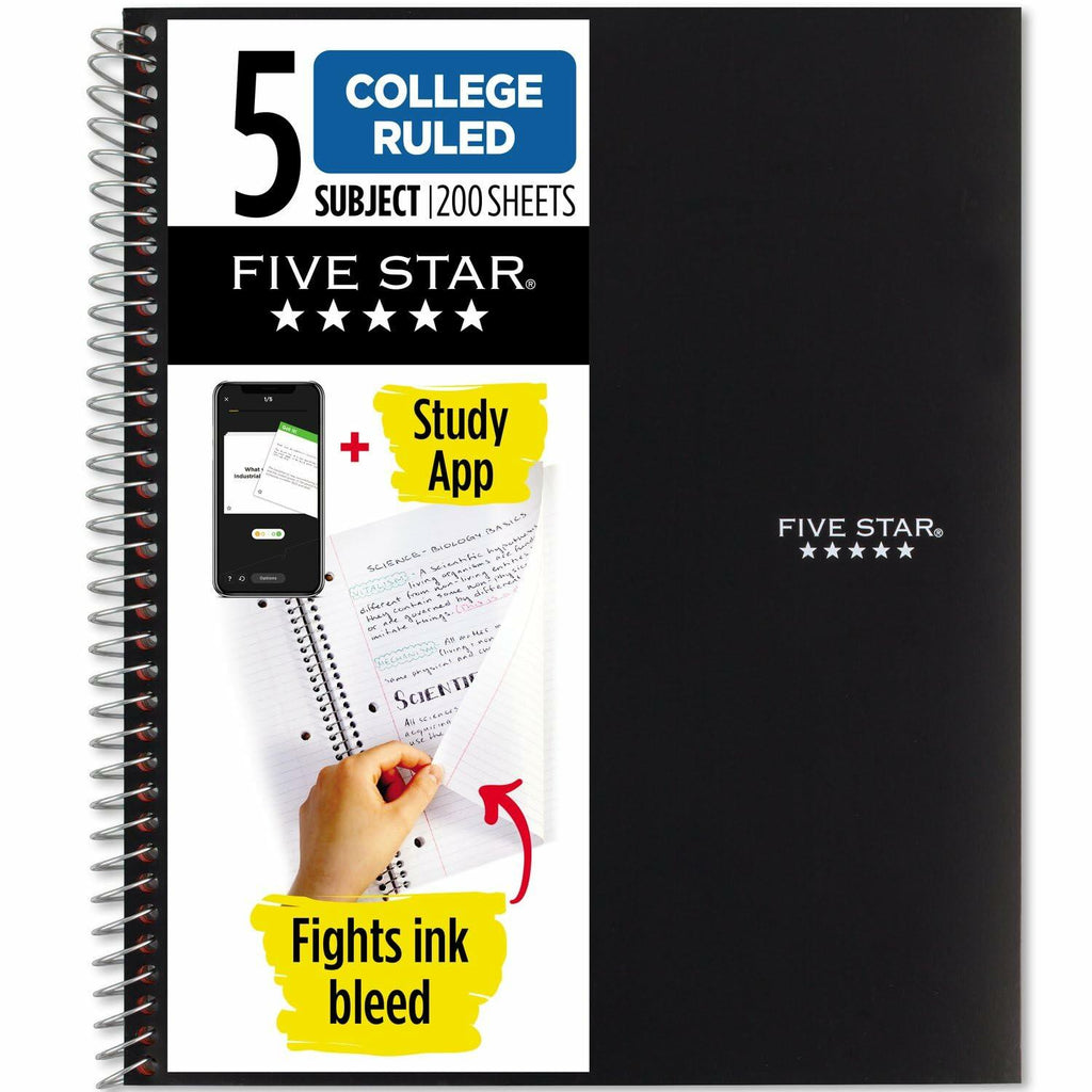 [Like New] Five Star 5-Subject Spiral Notebook College Ruled 8.5x11 Black 200 Sheets