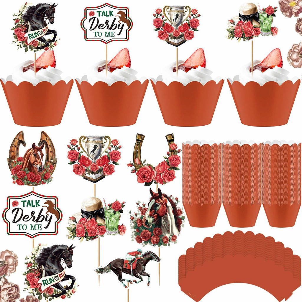 Kosiz 100 Pcs Horse Derby Cupcake Toppers Racing Party Supplies Kit