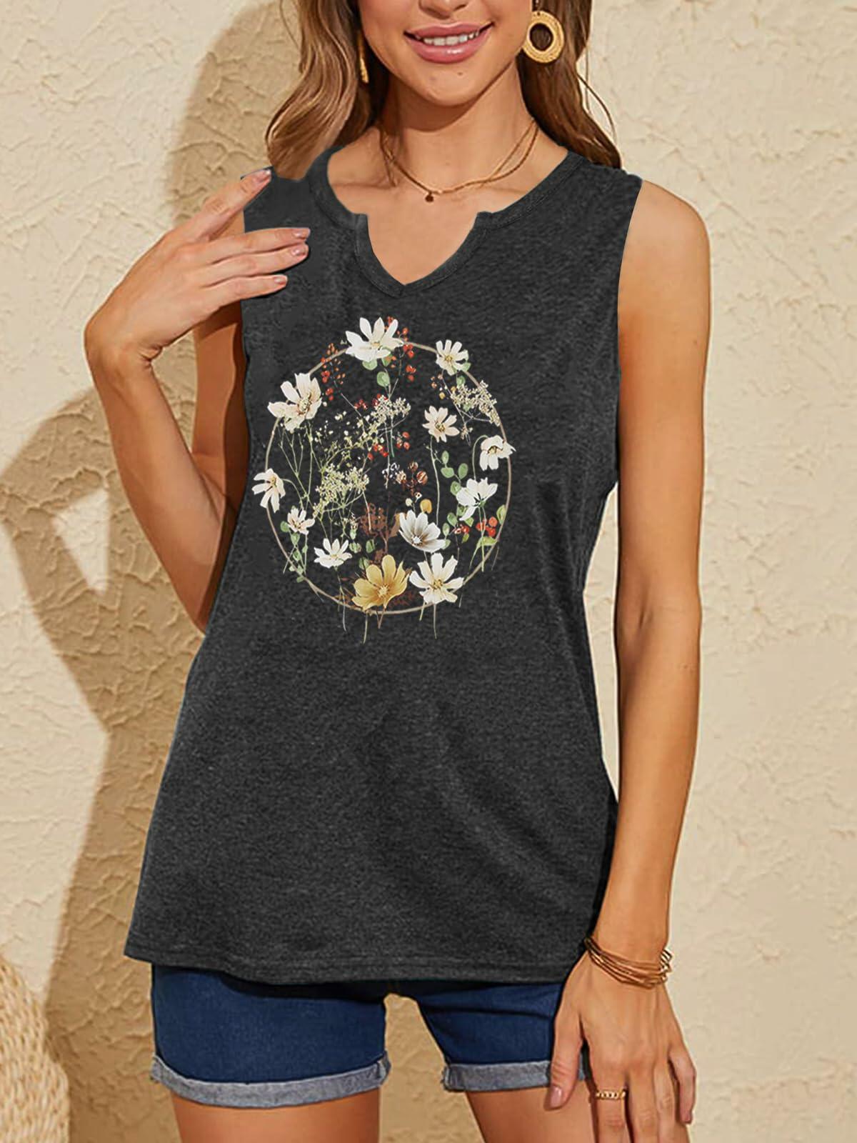 YIUIERE Womens Floral Graphic V Neck Tank Top Dark Gray Size M