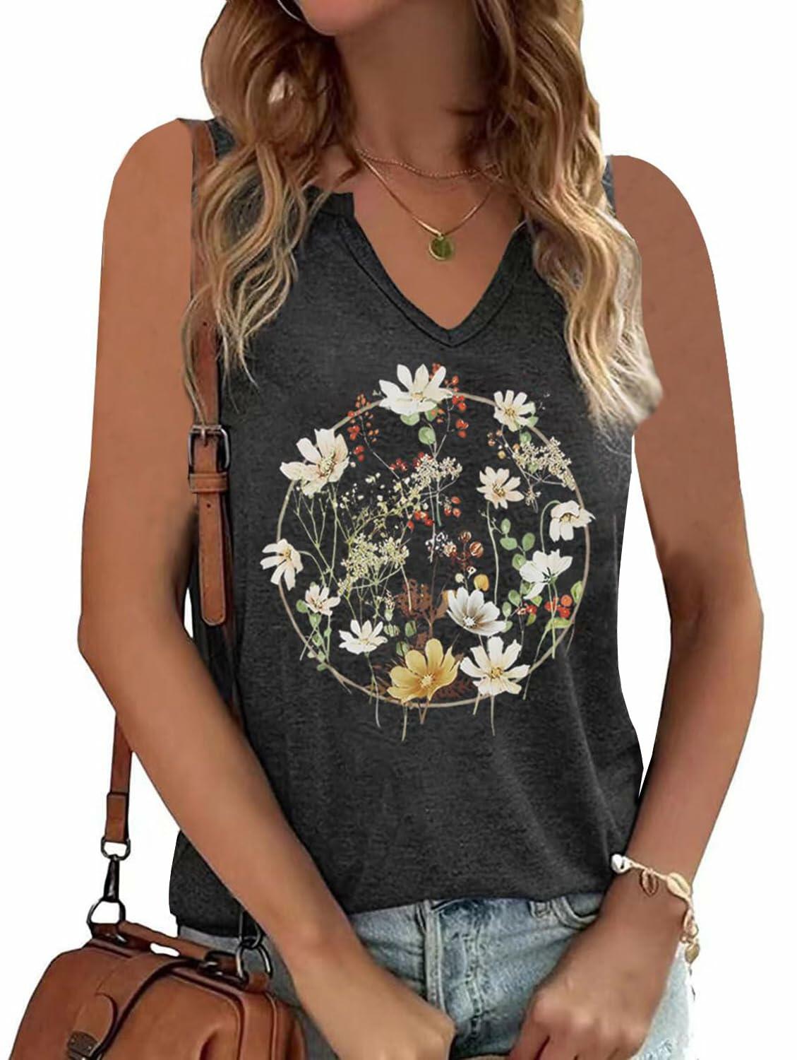 YIUIERE Womens Floral Graphic V Neck Tank Top Dark Gray Size M