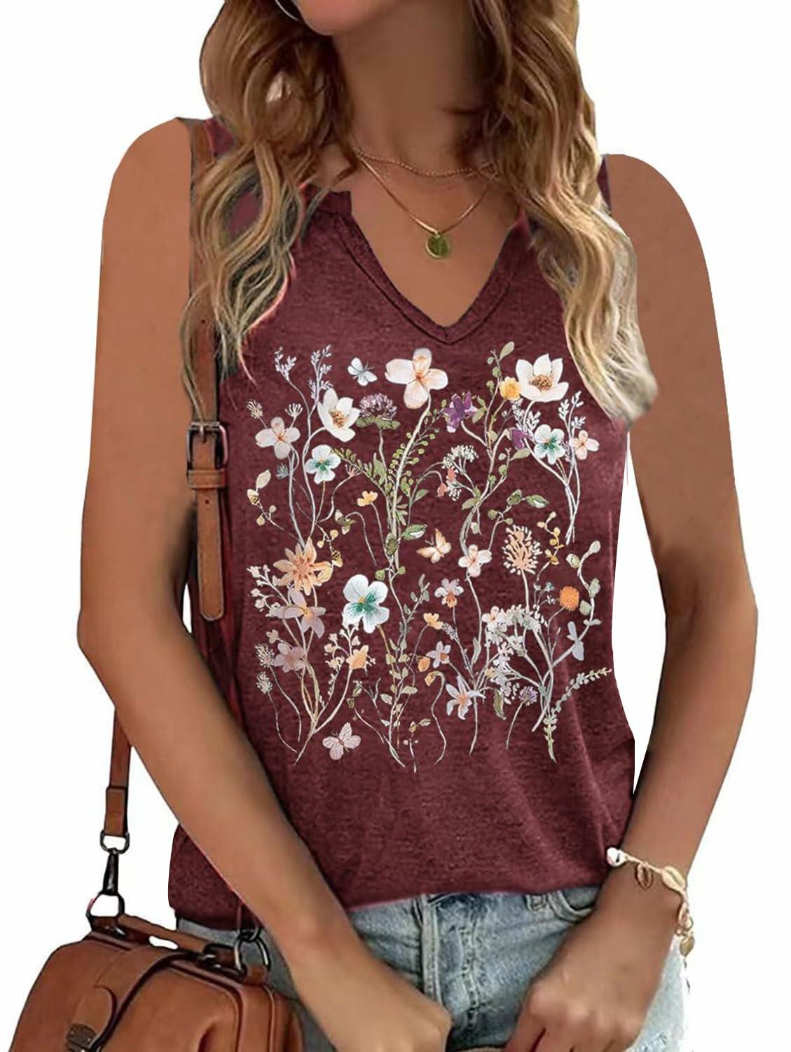 YIUIERE Womens Floral Graphic Tank Top V Neck Sleeveless Maroon Size M