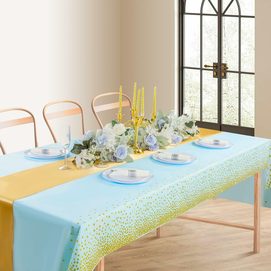 WDF 16Pack Blue Gold Plastic Tablecloths 54x108in & Runners 12x108in