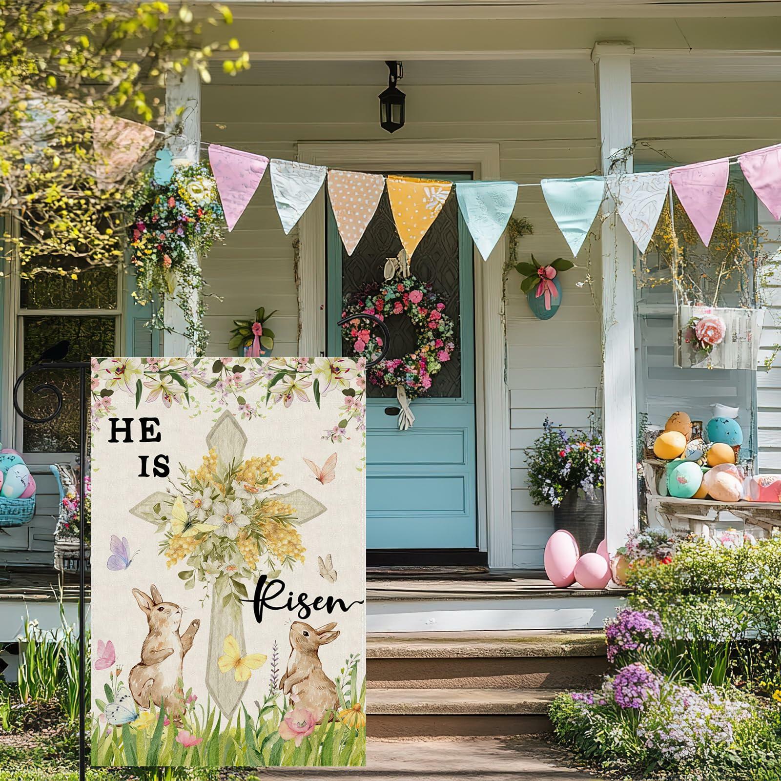 ZAEW Easter Watercolor Cross Bunny Garden Flag 12x18 Inch Double Sided
