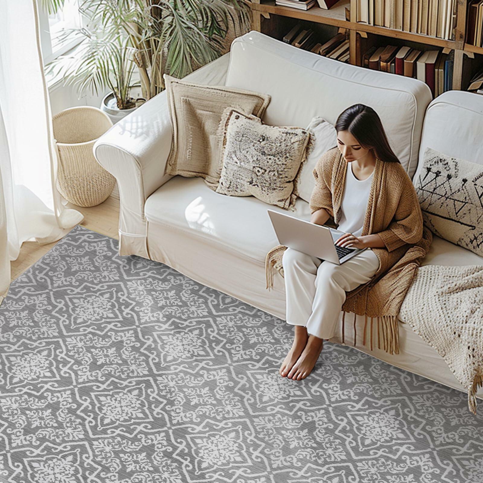 jinchan Area Rug 2x3 Moroccan Washable Non Slip Grey Floral Carpet