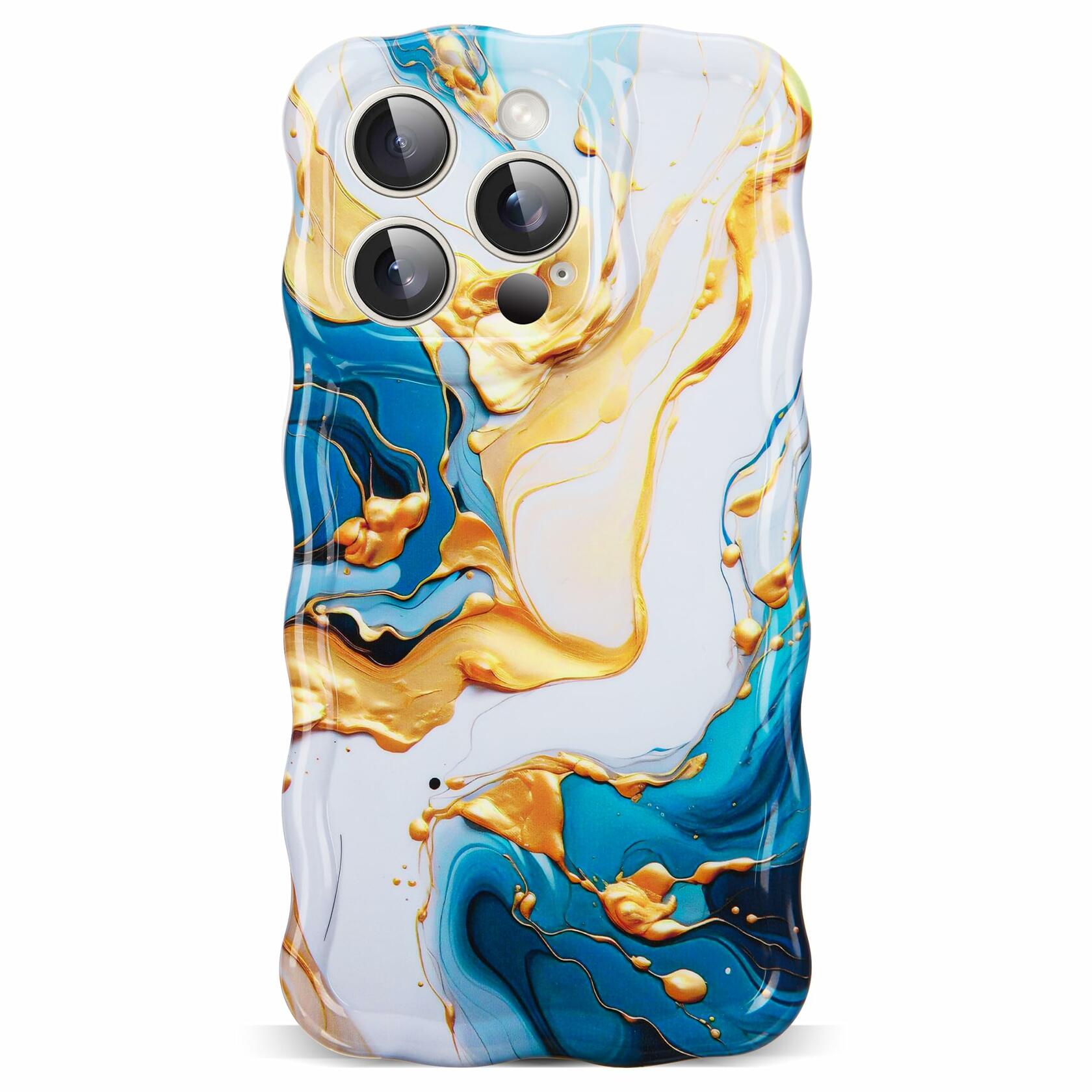 DORAFIN iPhone 15 Pro Case 6.1 Marble Glossy Shockproof TPU Blue/Gold