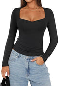 PINKMSTYLE Women's Double Lined V Neck Long Sleeve Shirt Black Size S