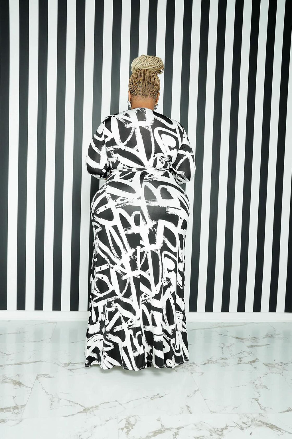 BFFBABY Sexy Wrap V Neck 3/4 Sleeve Chain Print Maxi Dress with Belt Size 5XL