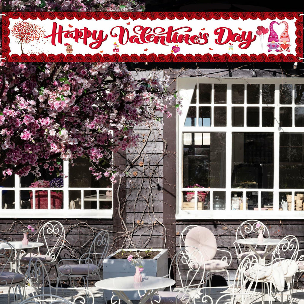RGISHOP Valentine's Day Banner 9.8x1.6ft Rose Hearts Gnomes Decoration