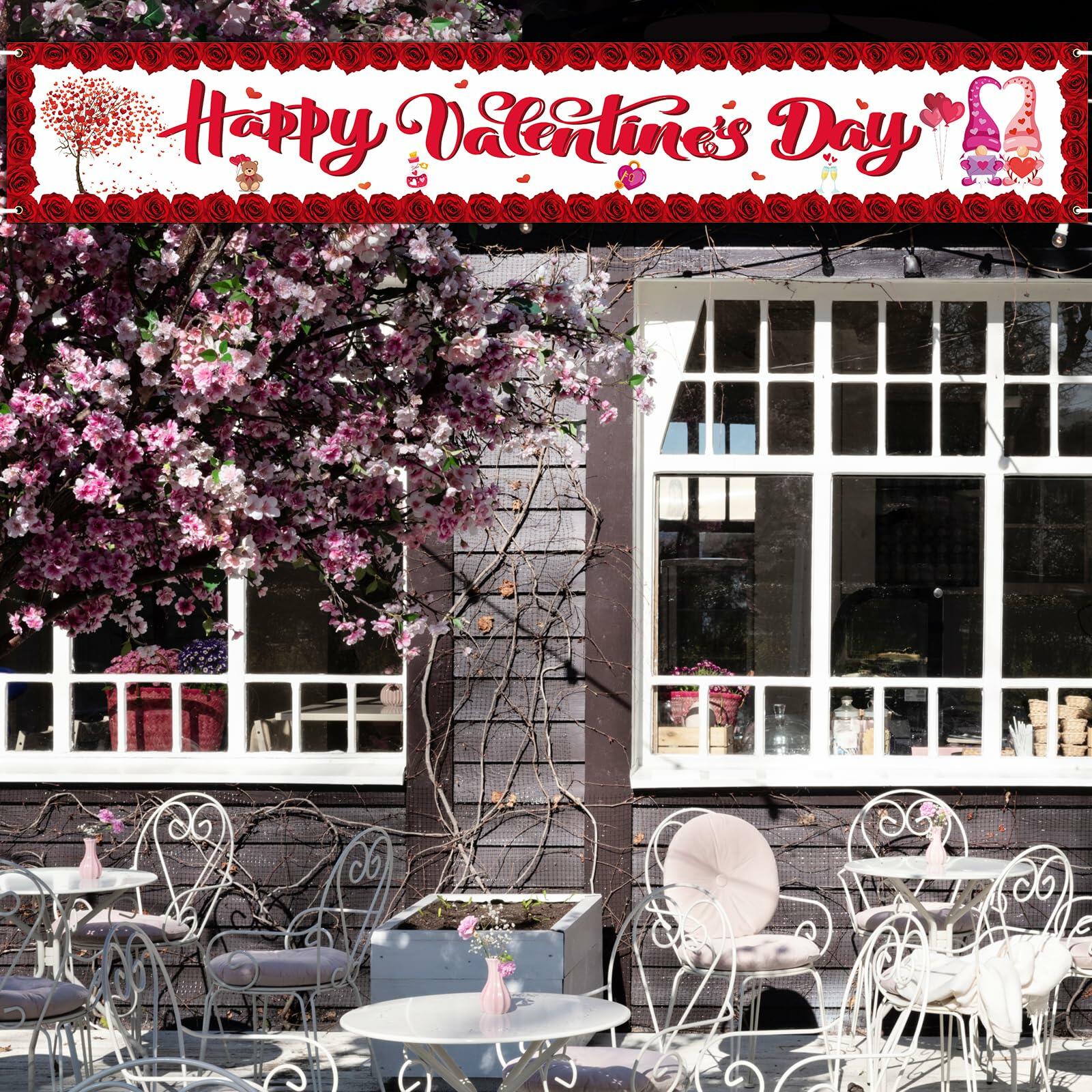 RGISHOP Valentine's Day Banner 9.8x1.6ft Rose Hearts Gnomes Decoration