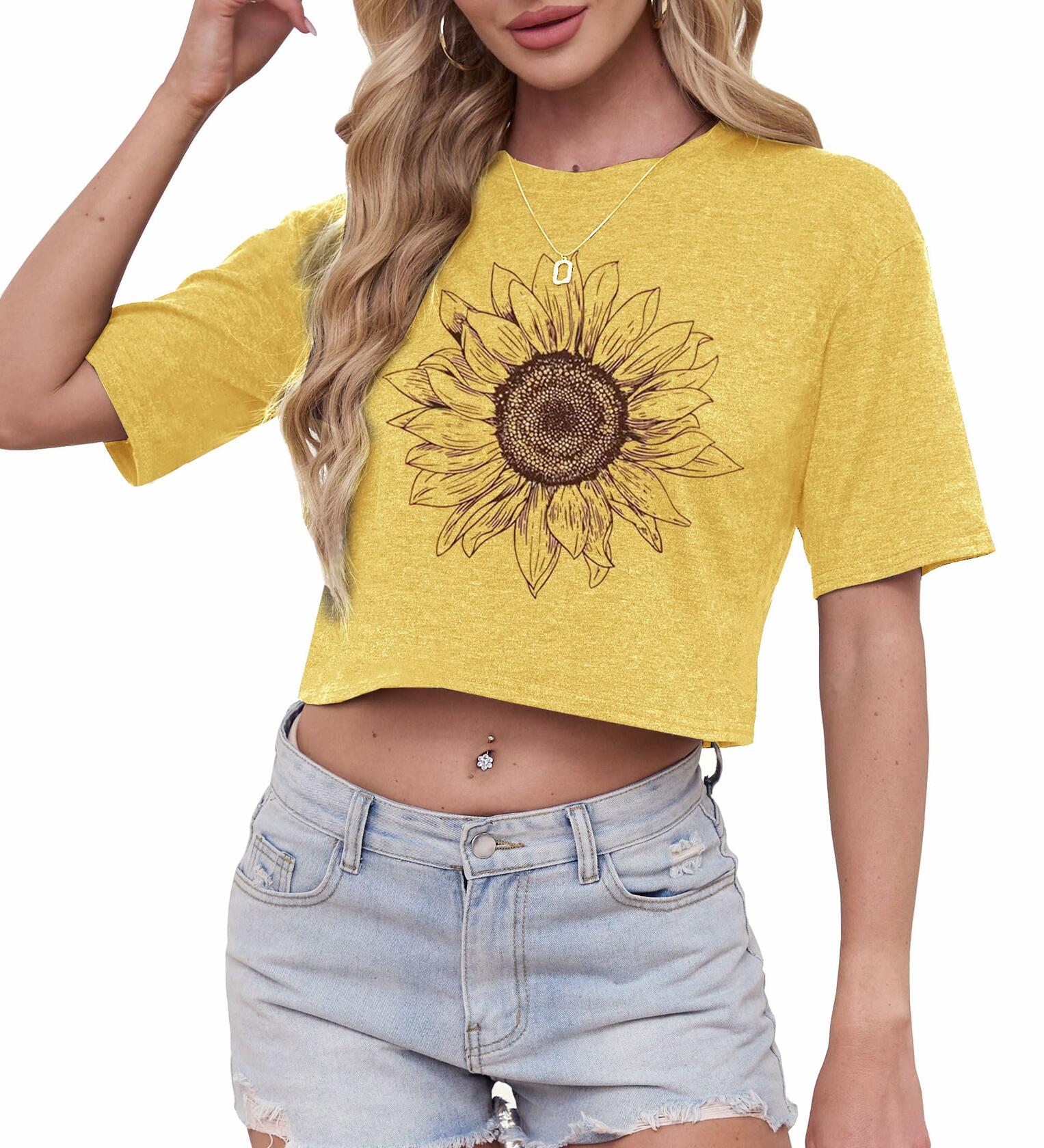 Womens Crop Top USA Graphic Tee Casual Rock Band Yellow Size XS