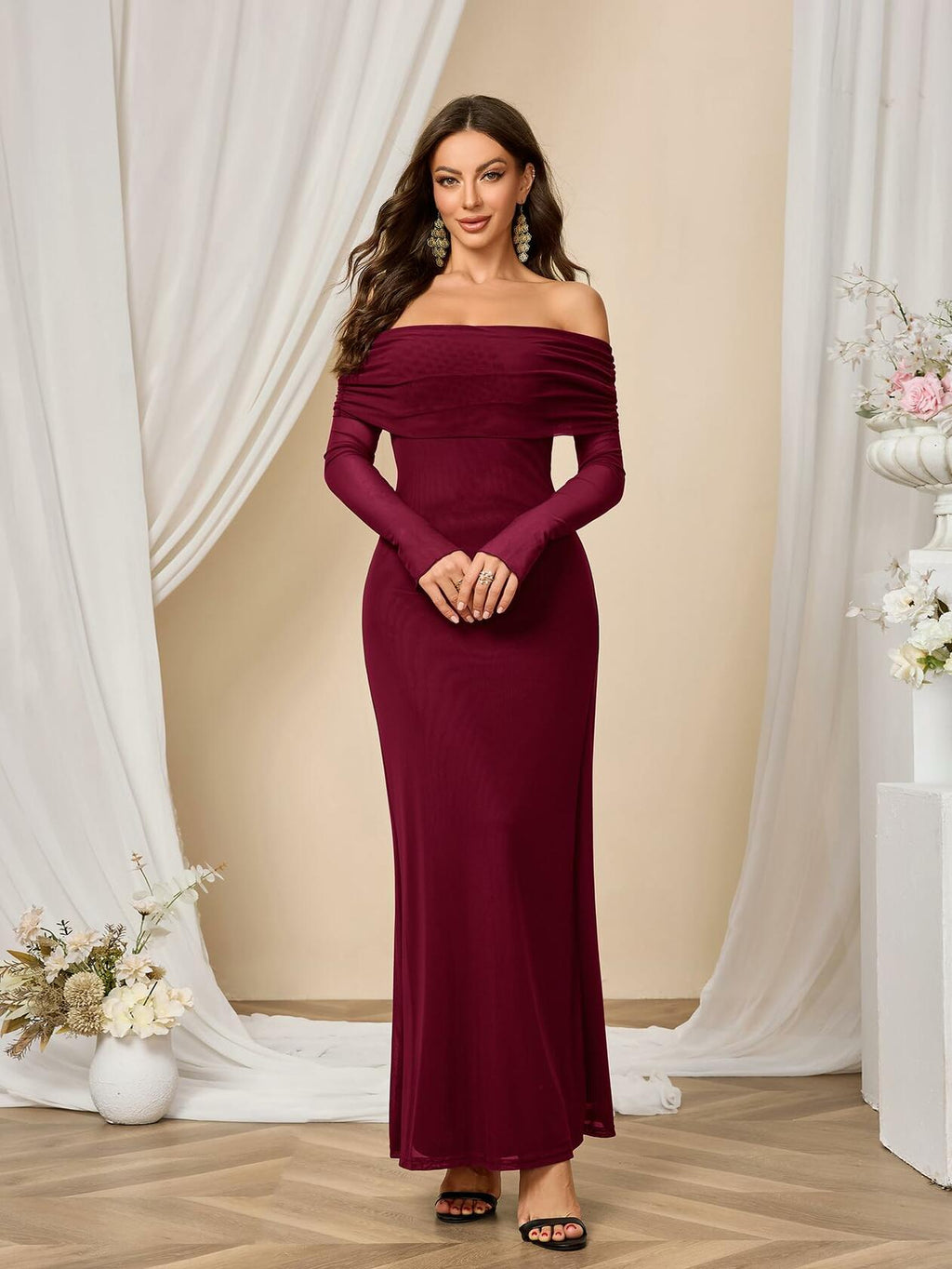 Colysmo Women Long Sleeve Mesh Off Shoulder Bodycon Maxi Dress Burgundy Size L