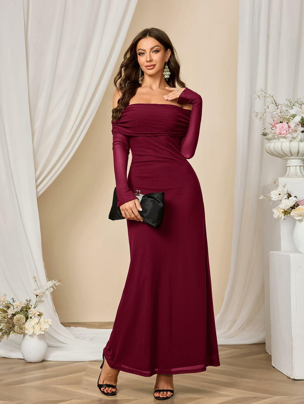 Colysmo Women Long Sleeve Mesh Off Shoulder Bodycon Maxi Dress Burgundy Size L