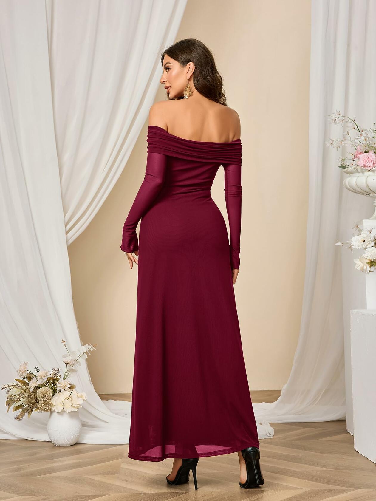 Colysmo Women Long Sleeve Mesh Off Shoulder Bodycon Maxi Dress Burgundy Size L