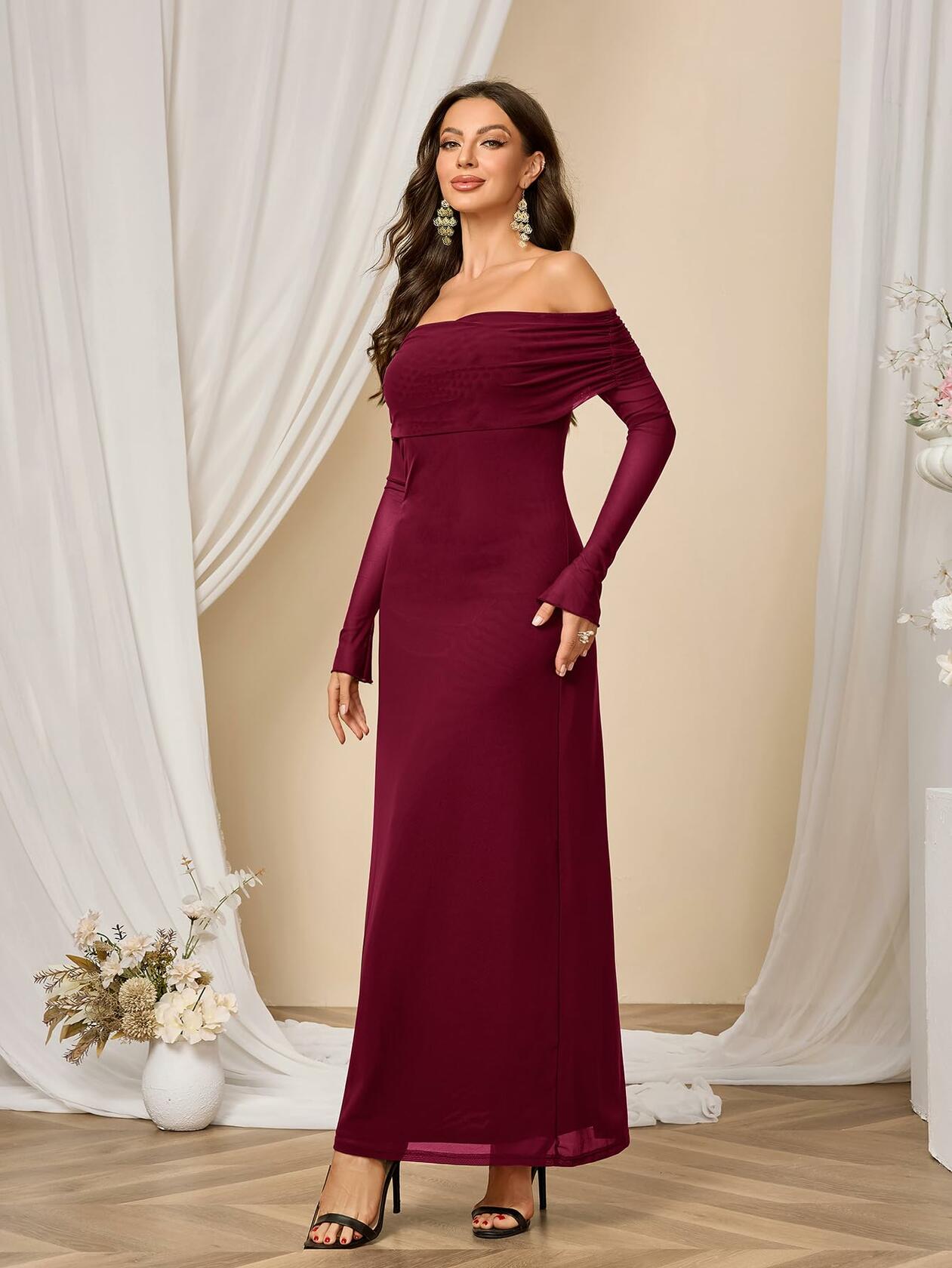 Colysmo Women Long Sleeve Mesh Off Shoulder Bodycon Maxi Dress Burgundy Size L