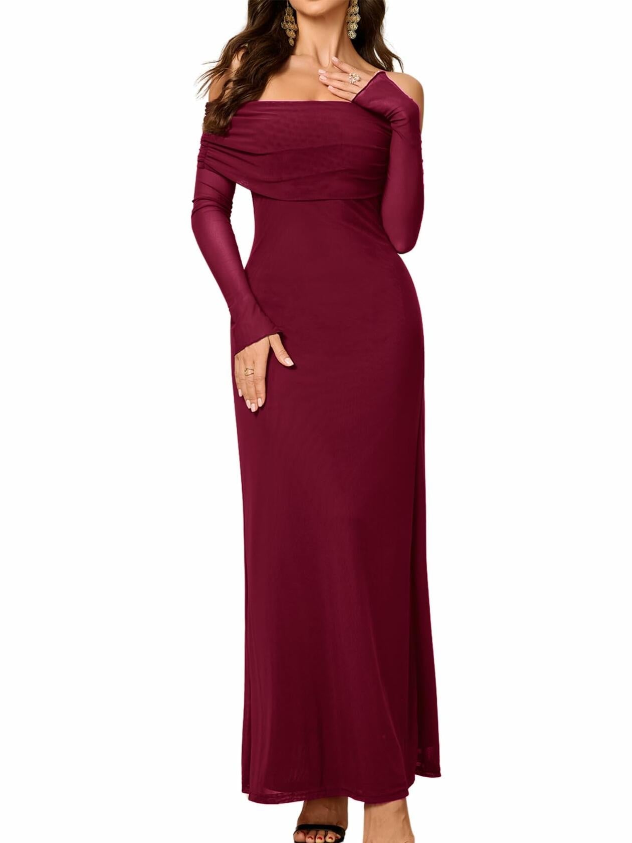 Colysmo Women Long Sleeve Mesh Off Shoulder Bodycon Maxi Dress Burgundy Size L