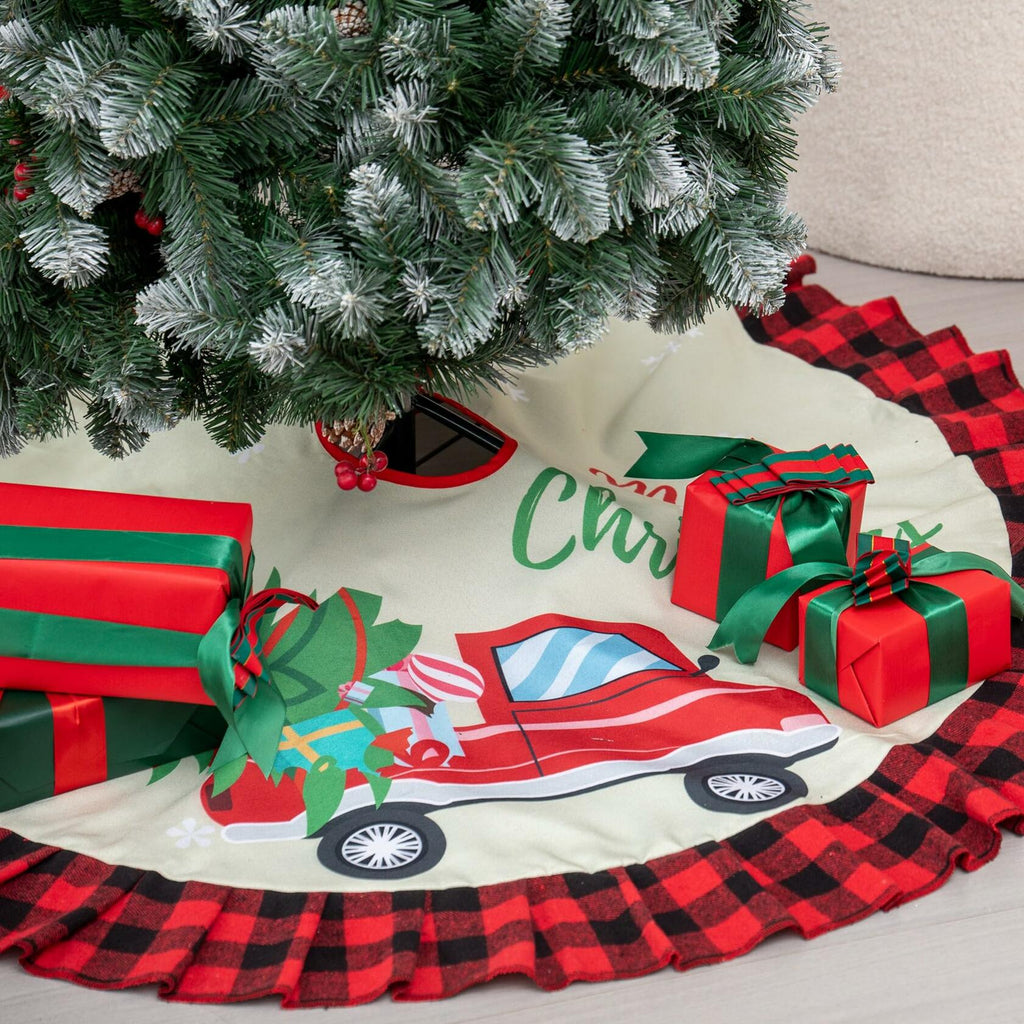 Burlap Christmas Tree Skirt 36" Red Black Buffalo Plaid Truck Farmhouse