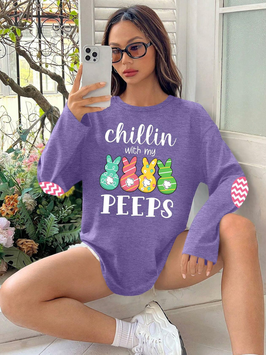 Easter Shirt Women Bunny Graphic Long Sleeve Tee Purple1 Size XL