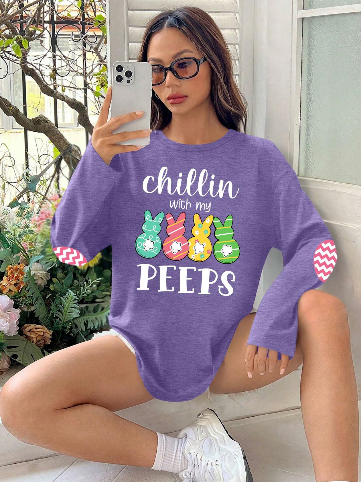 Easter Shirt Women Bunny Graphic Long Sleeve Tee Purple1 Size XL