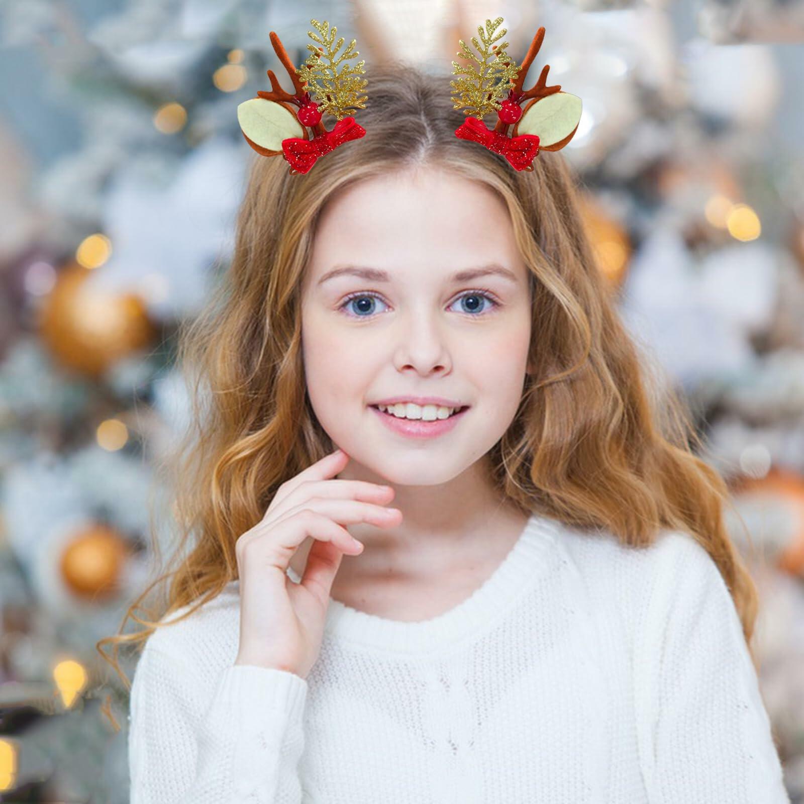 Christmas Bow Hair Clips Red Gold Reindeer Antler 2PCS Holiday Accessories