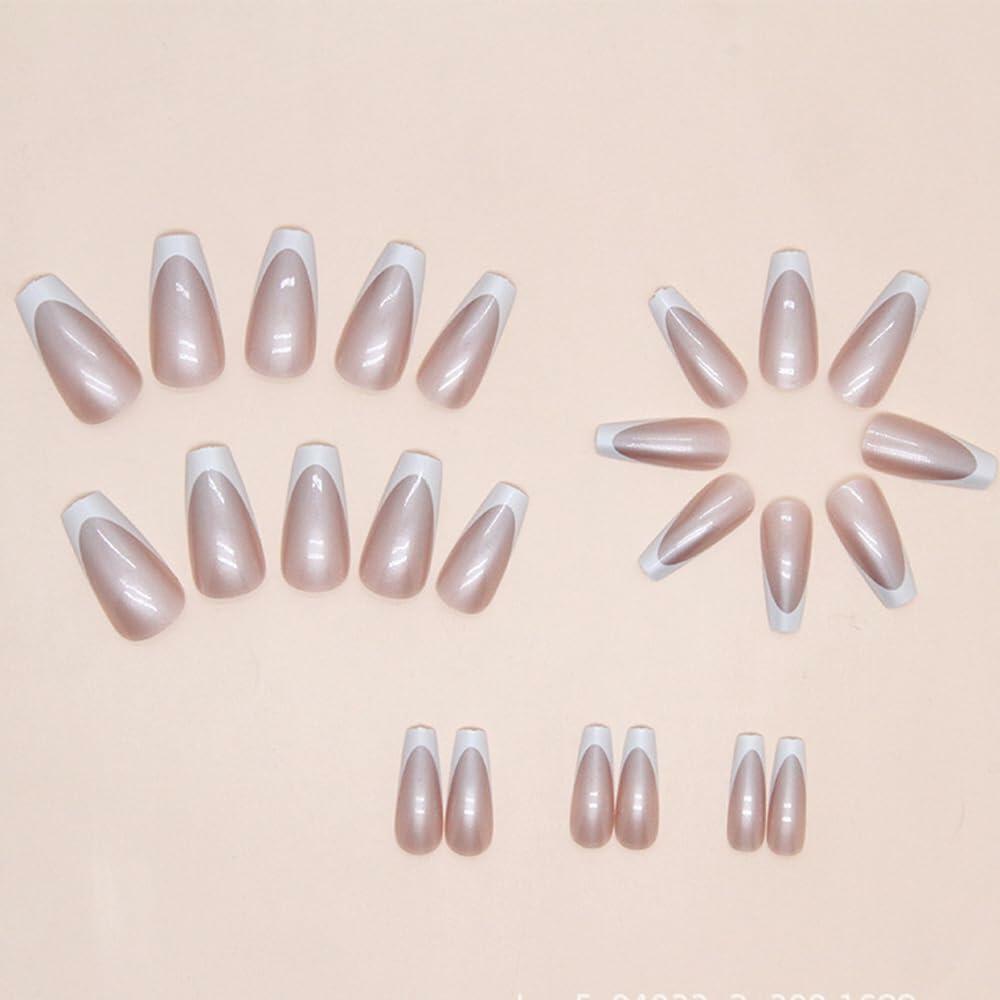 French Tip Press On Nails Short Square Pink Nude Glossy 24Pcs
