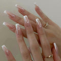 French Tip Press On Nails Short Square Pink Nude Glossy 24Pcs