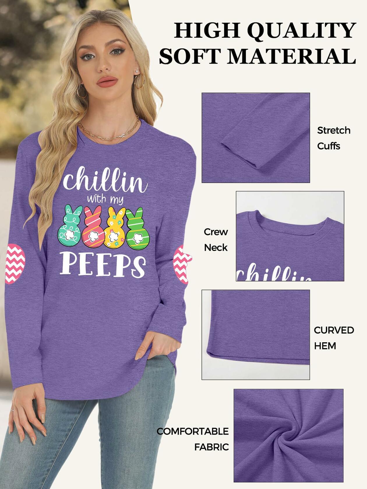 Easter Shirt Women Bunny Graphic Long Sleeve Tee Purple1 Size XL