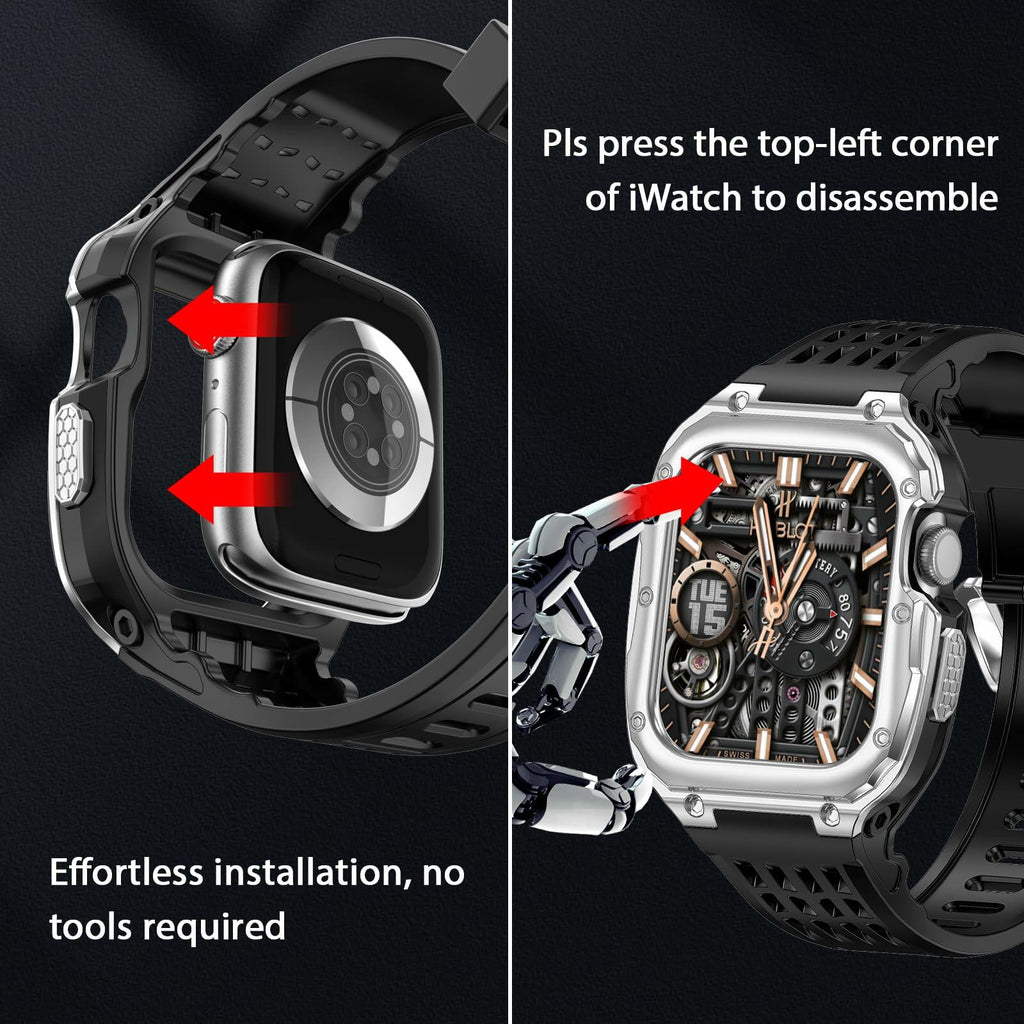 V-MORO Stainless Steel Band Case for Apple Watch Series 9 8 7 45mm Black Silver