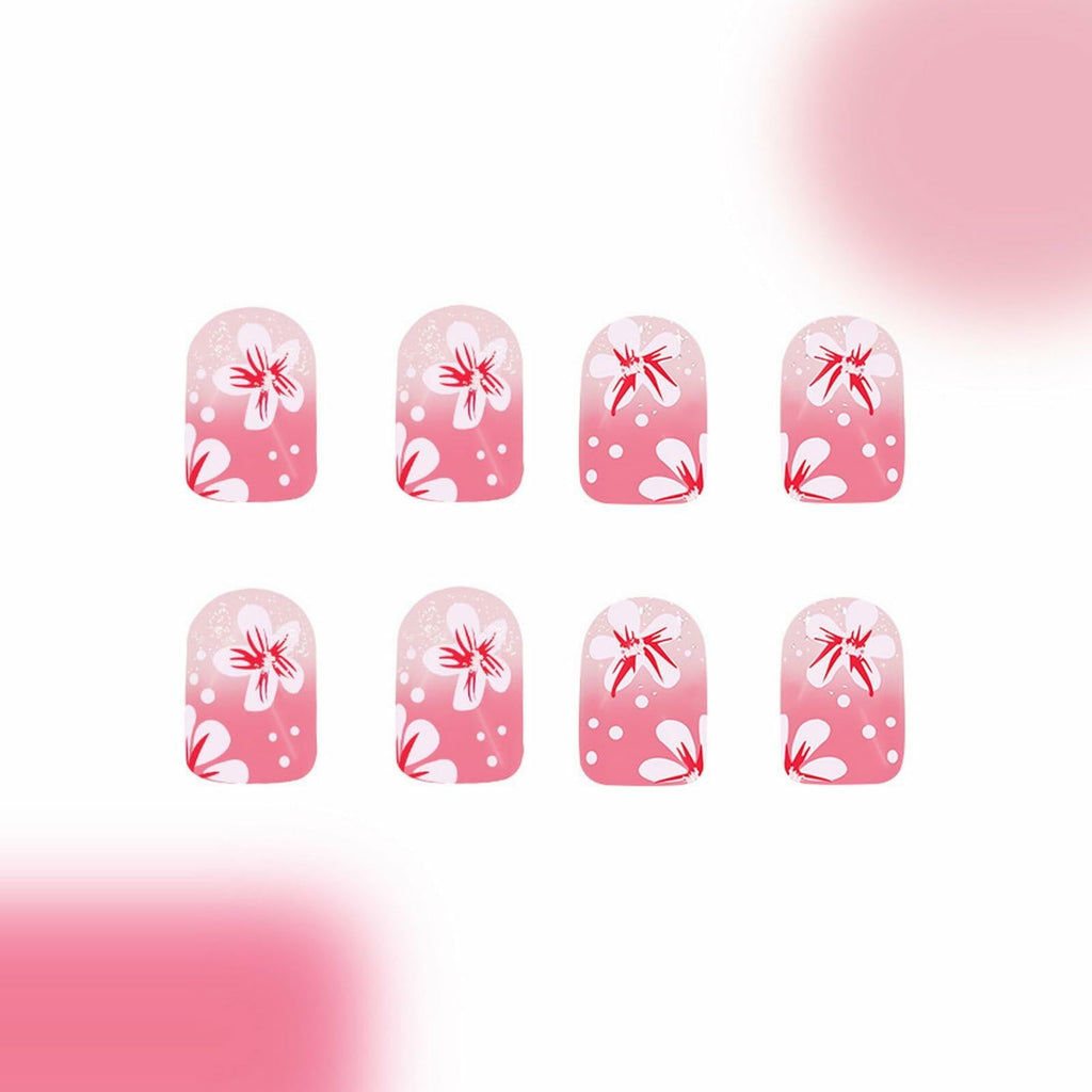 24Pcs Pink Gradient Press On Nails Short Floral Fake Nails with Glue Women