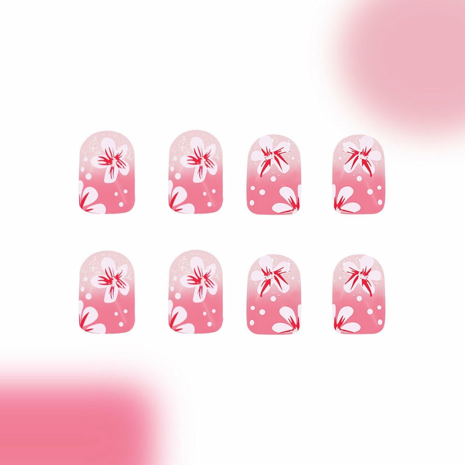24Pcs Pink Gradient Press On Nails Short Floral Fake Nails with Glue Women