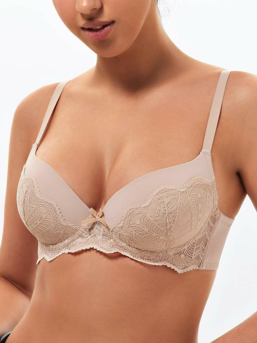 IHOIU Women's Lace Push Up Bra Padded Underwire Plunge Nude Size 34C