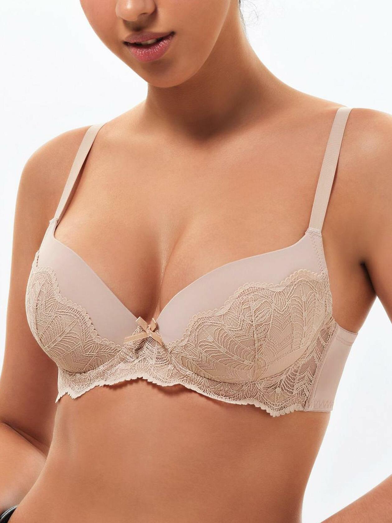 IHOIU Women's Lace Push Up Bra Padded Underwire Plunge Nude Size 34C