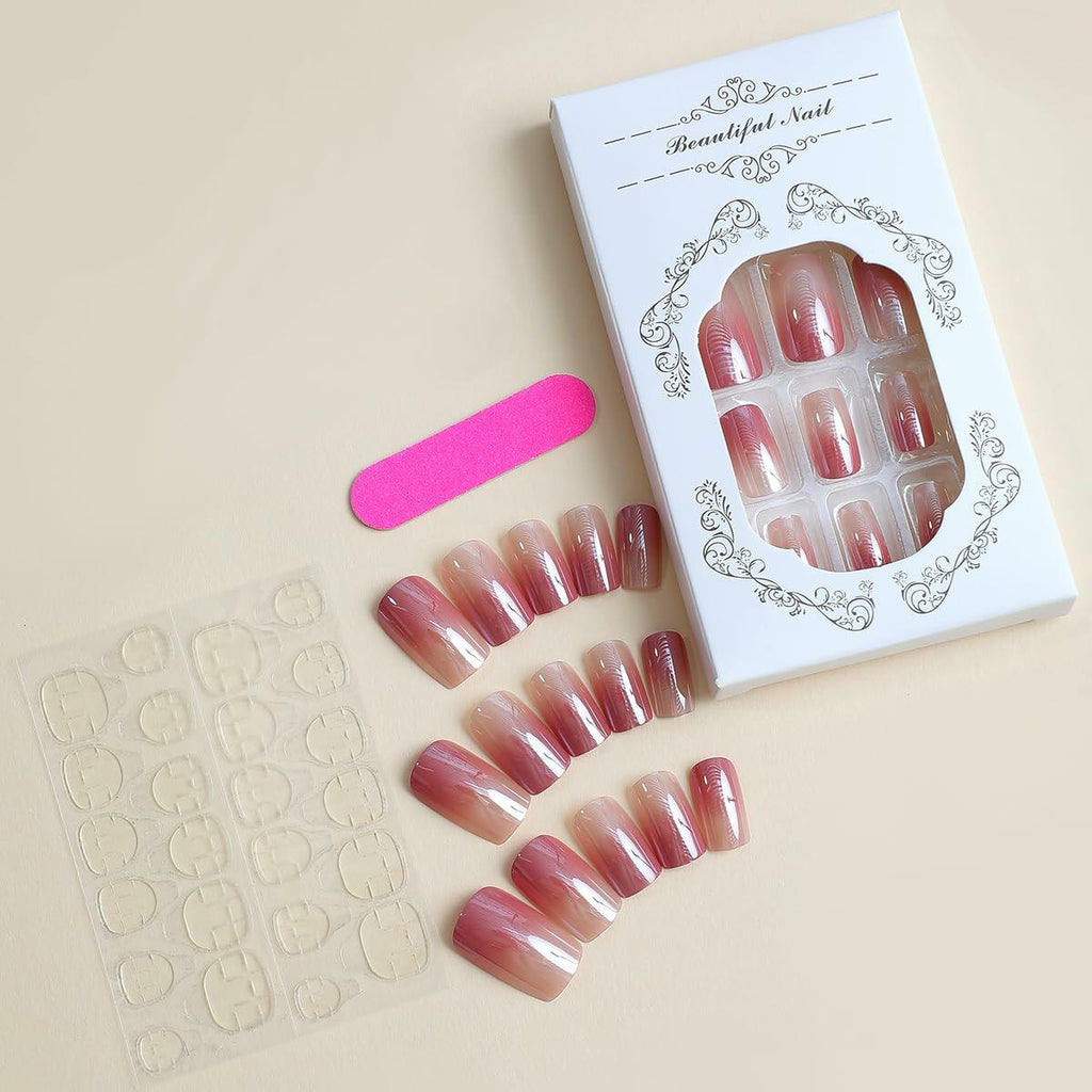 Press on Nails Medium Square Blue French Tip Maple Leaf Gold Foil 24pcs
