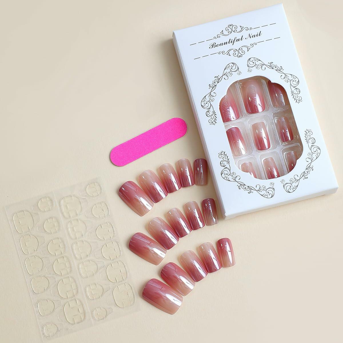 Press on Nails Medium Square Blue French Tip Maple Leaf Gold Foil 24pcs