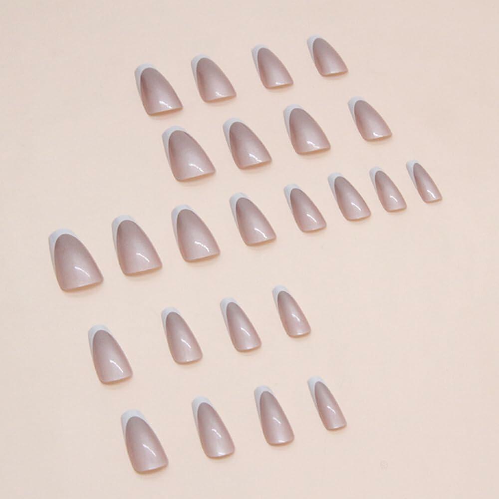 French Tip Press On Nails Short Square Pink Nude Glossy 24Pcs