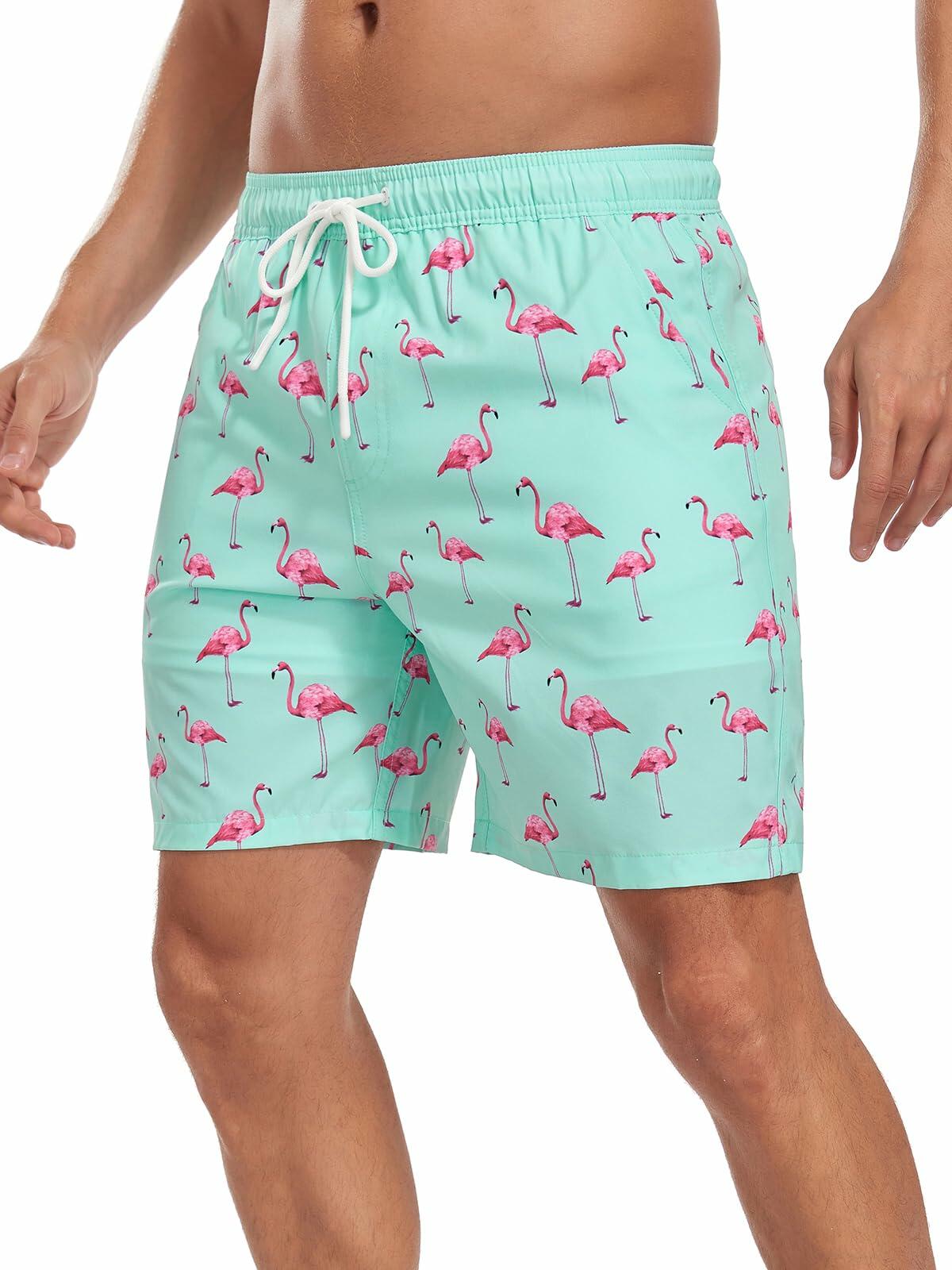 SHEKINI Mens Swim Trunks Compression Lining Quick Dry Pockets Light Green Size L