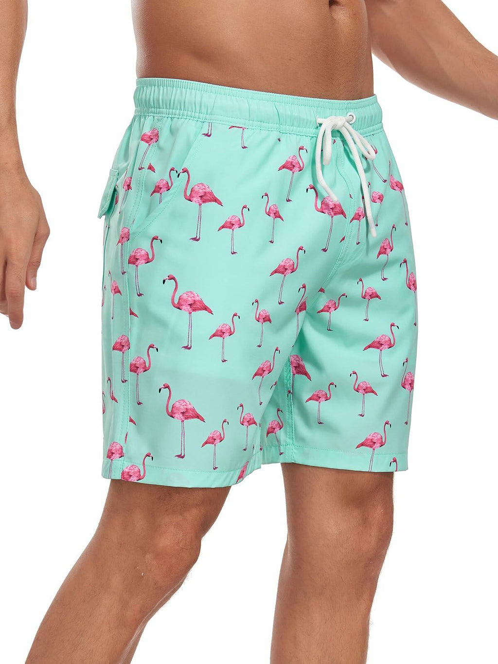 SHEKINI Mens Swim Trunks Compression Lining Quick Dry Pockets Light Green Size L