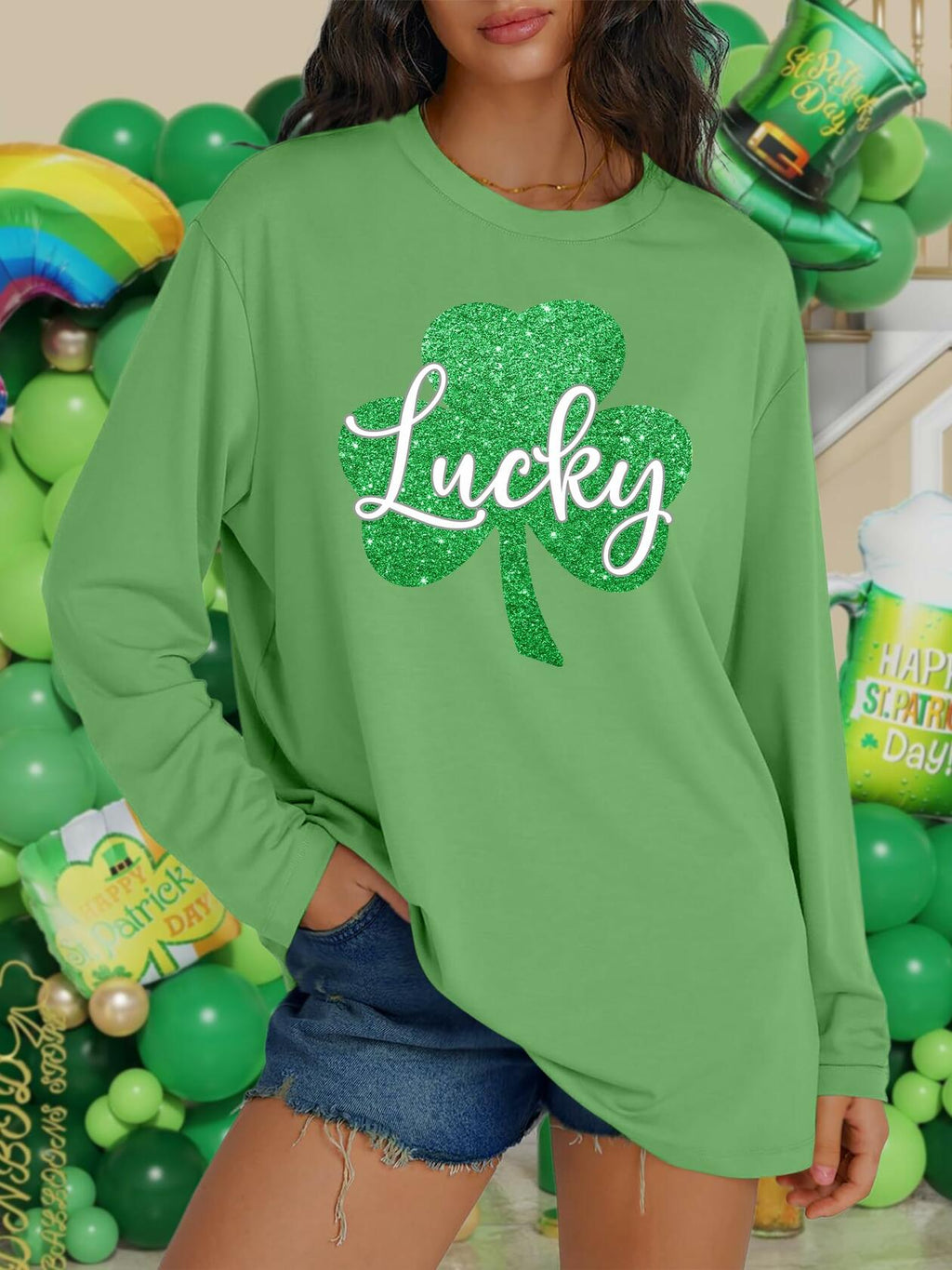 St Patrick's Day Women's Oversized Lucky Shamrock Long Sleeve T-Shirt Size XL