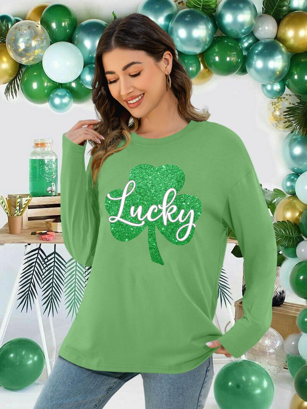 St Patrick's Day Women's Oversized Lucky Shamrock Long Sleeve T-Shirt Size XL