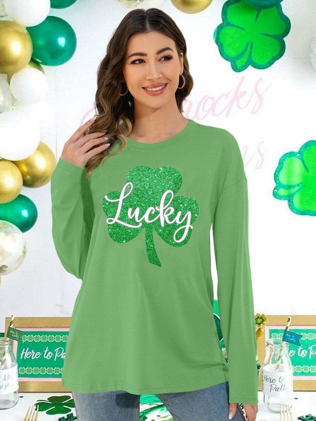 St Patrick's Day Women's Oversized Lucky Shamrock Long Sleeve T-Shirt Size XL