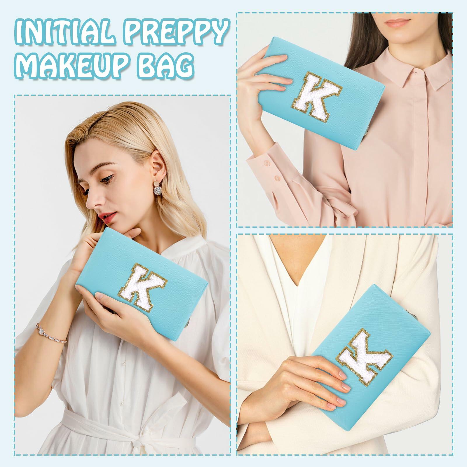 Personalized Chenille Letter K Makeup Bag Small Blue Waterproof PU Leather