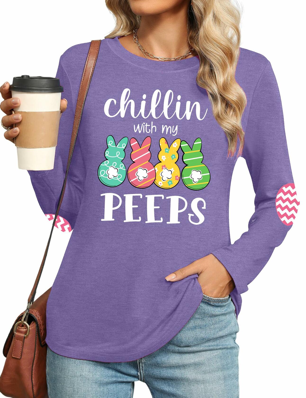Easter Shirt Women Bunny Graphic Long Sleeve Tee Purple1 Size XL