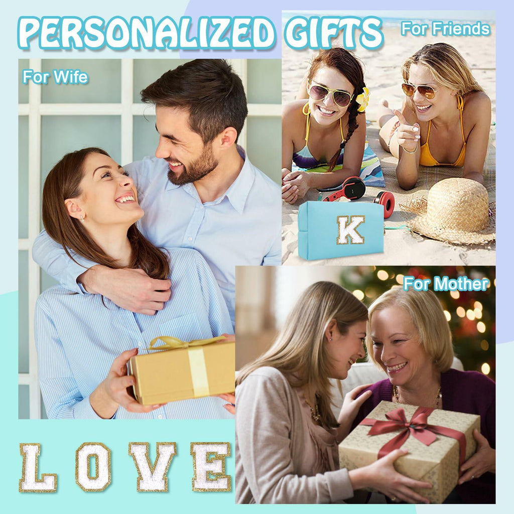 Personalized Chenille Letter K Makeup Bag Small Blue Waterproof PU Leather