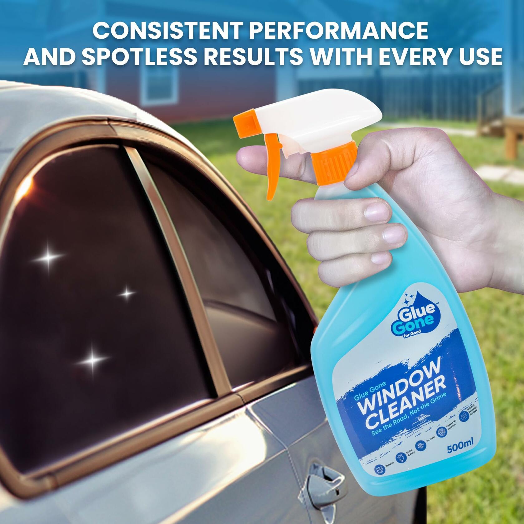 Glue Gone Car Window Cleaner Spray 500ml Streak-Free Shine Safe on Tints