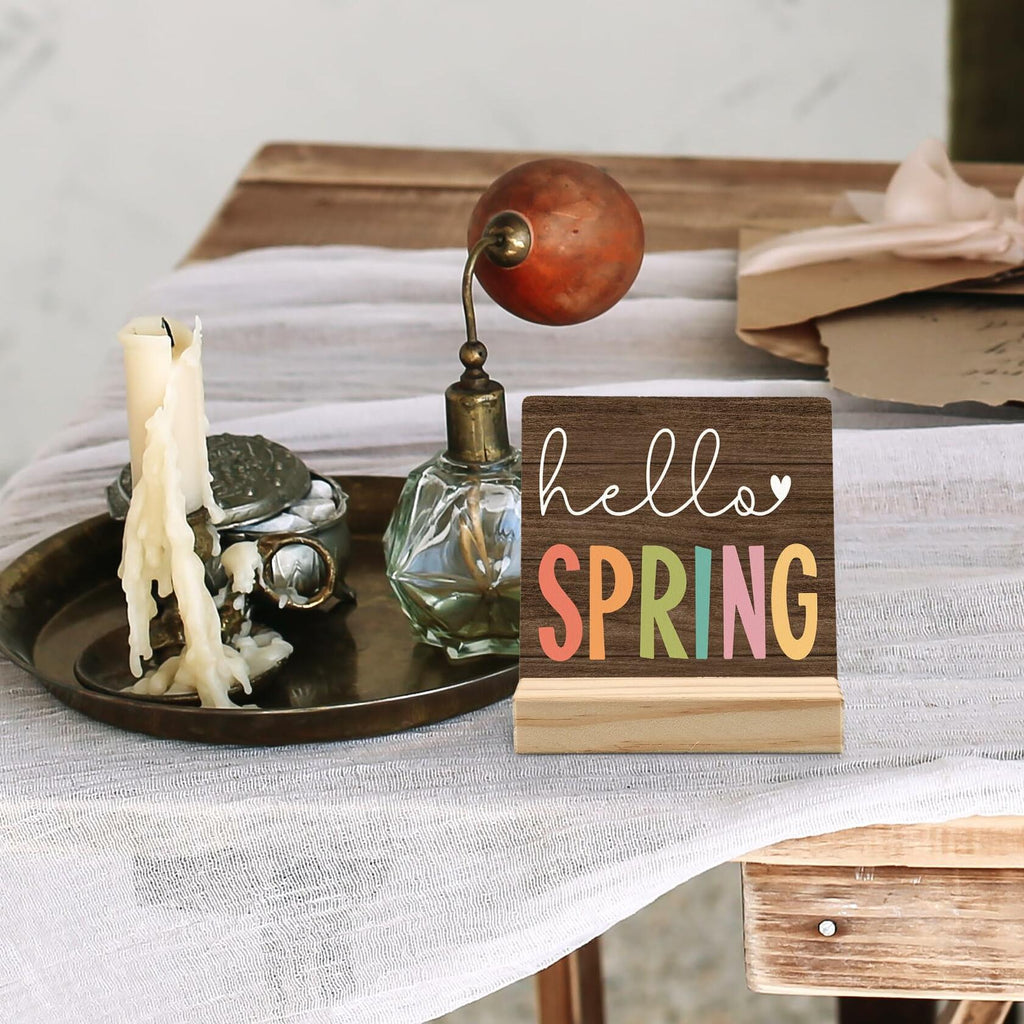 ANIANG Hello Spring Rustic Wood Plaque Sign with Stand Farmhouse Decor