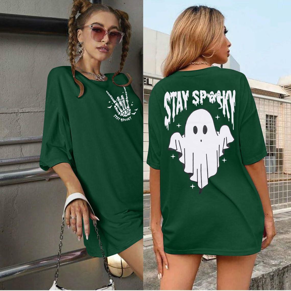 Halloween Oversize T-Shirt Women Spooky Graphic Ghost Tee Green Size M