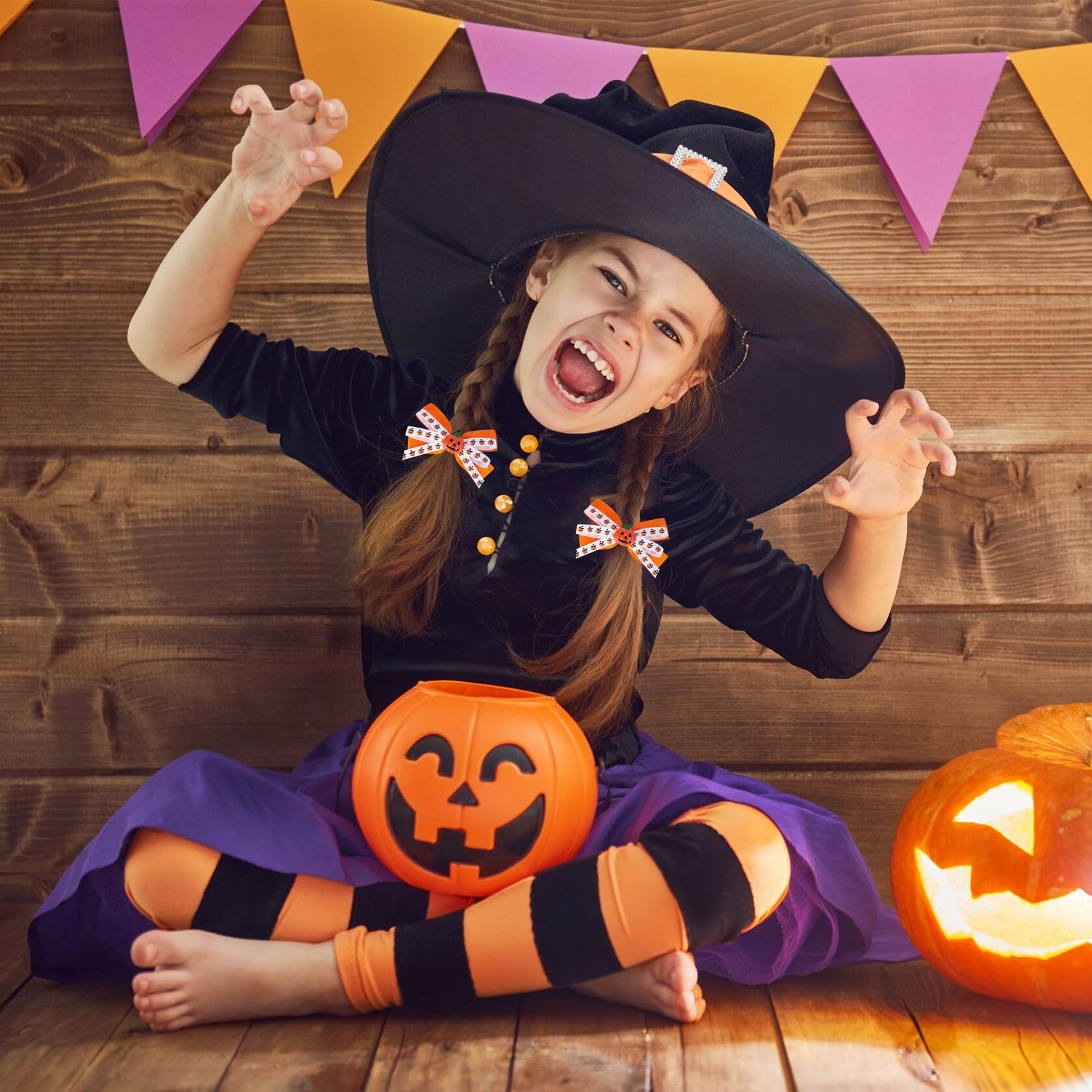 Halloween Pumpkin Hair Bows Clips Orange Dual-Layered Grosgrain Ribbon